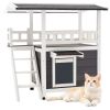 Outdoor Cat House, 2-Story Wooden Cat Shelter with Stairs & Balcony, Elevated Feral Kitty Shelter, Spacious Room
